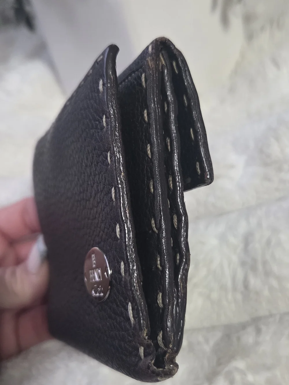 FENDI Dark Brown Selleria Grained Leather Bifold Wallet Saddle Stitch Vtg - Picture 7 of 16